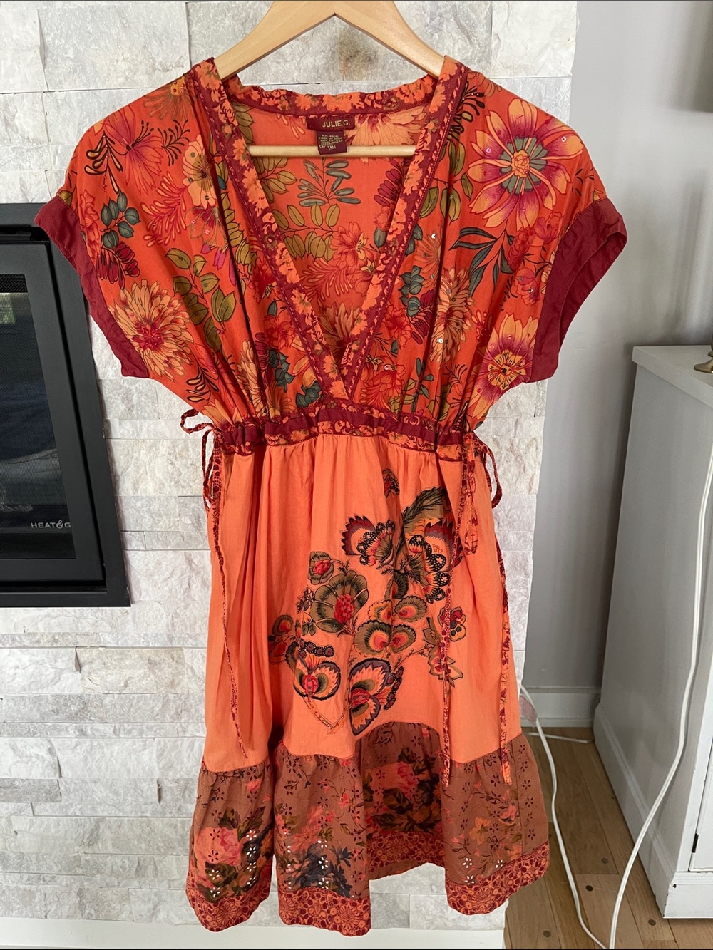 Boho Orange Floral Midi Dress with Drawstring Waist